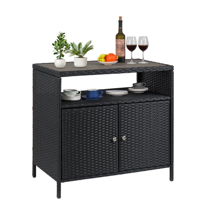 Faitaliicy Outdoor Wicker Rattan Storage Cabinet With Shelf Powder Coated Steel Patio Storage Box Bar Table With 2-Door Outdoor Freestanding Storage Unit For Patio Pool Garden Indoor Kitchen