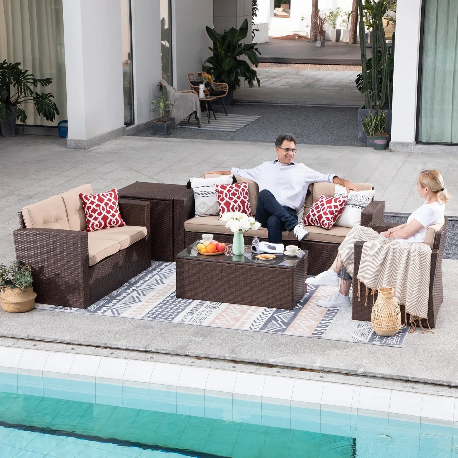 JOIVI 8 Pc Outdoor Patio Sectional Set, Espresso Brown Wicker