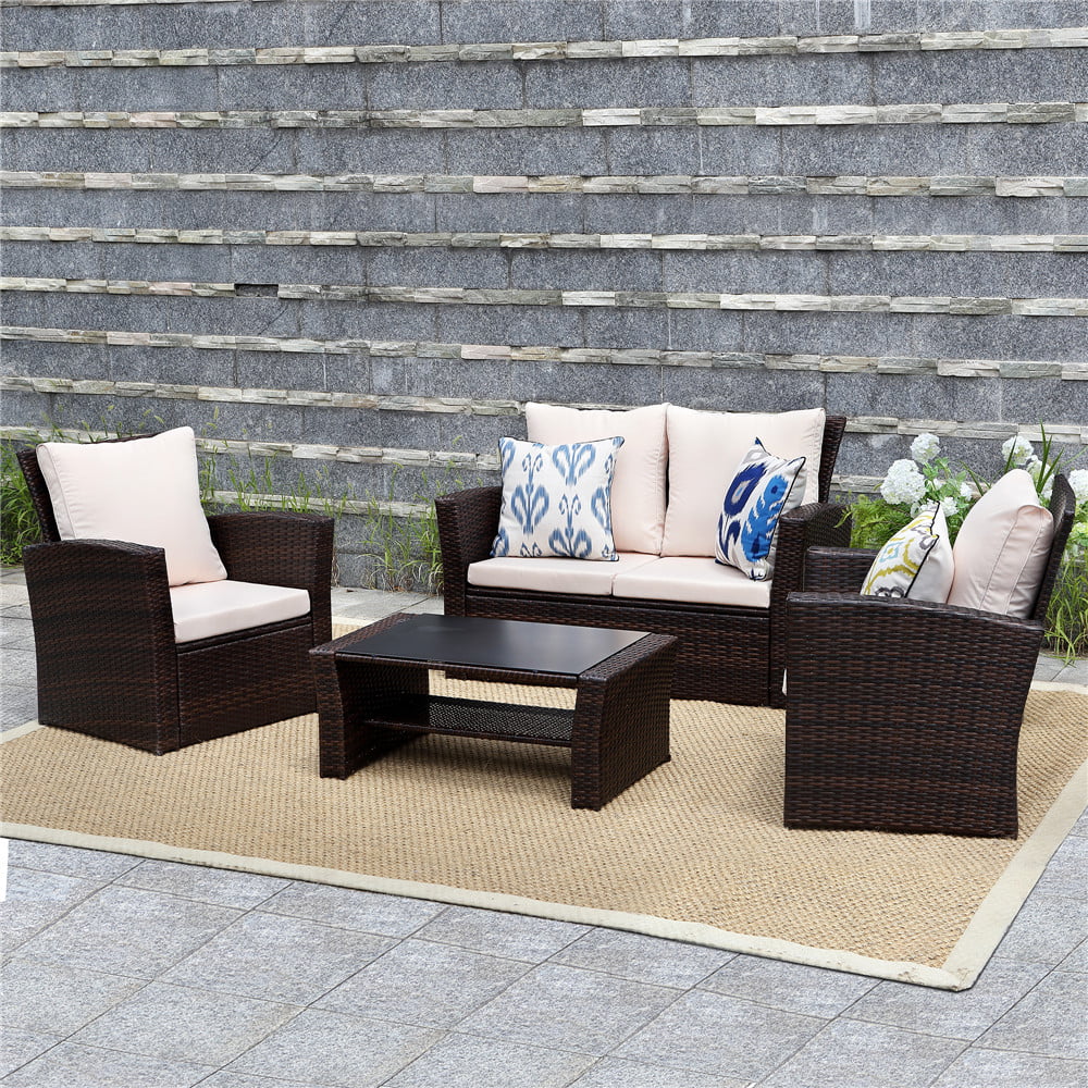 Superjoe Outdoor Patio Furniture Set 4 Pcs Wicker Sectional Conversation Sofa Steel Frame Rattan Couch with Coffee Table on Sale, Brown Rattan Beige Cushion