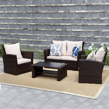 Superjoe Outdoor Patio Furniture Set 4 Pcs Wicker Sectional Conversation Sofa Steel Frame Rattan Couch with Coffee Table on Sale, Brown Rattan Beige Cushion