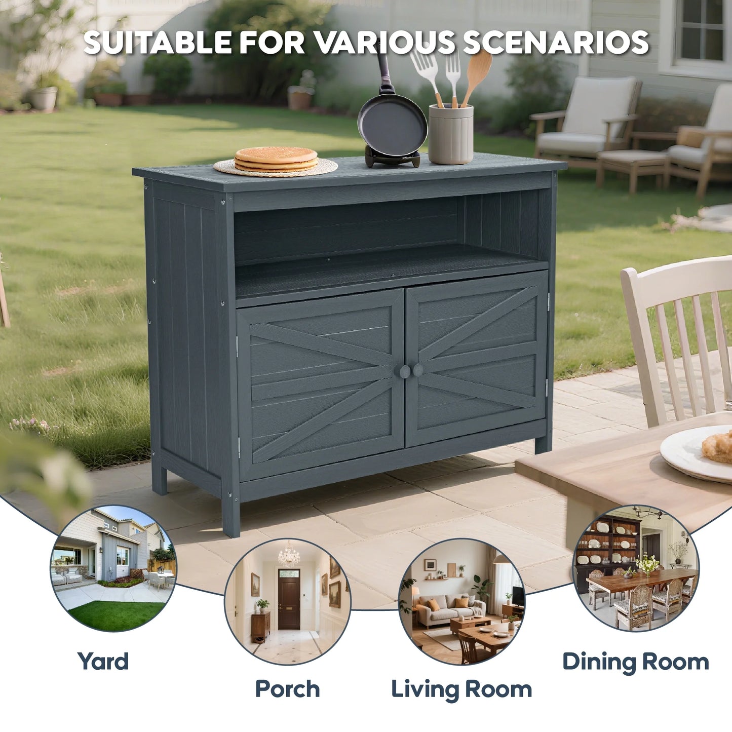 Bstjewey Outdoor Storage Cabinet HIPS Patio Sideboard with 3 Shelves & Doors