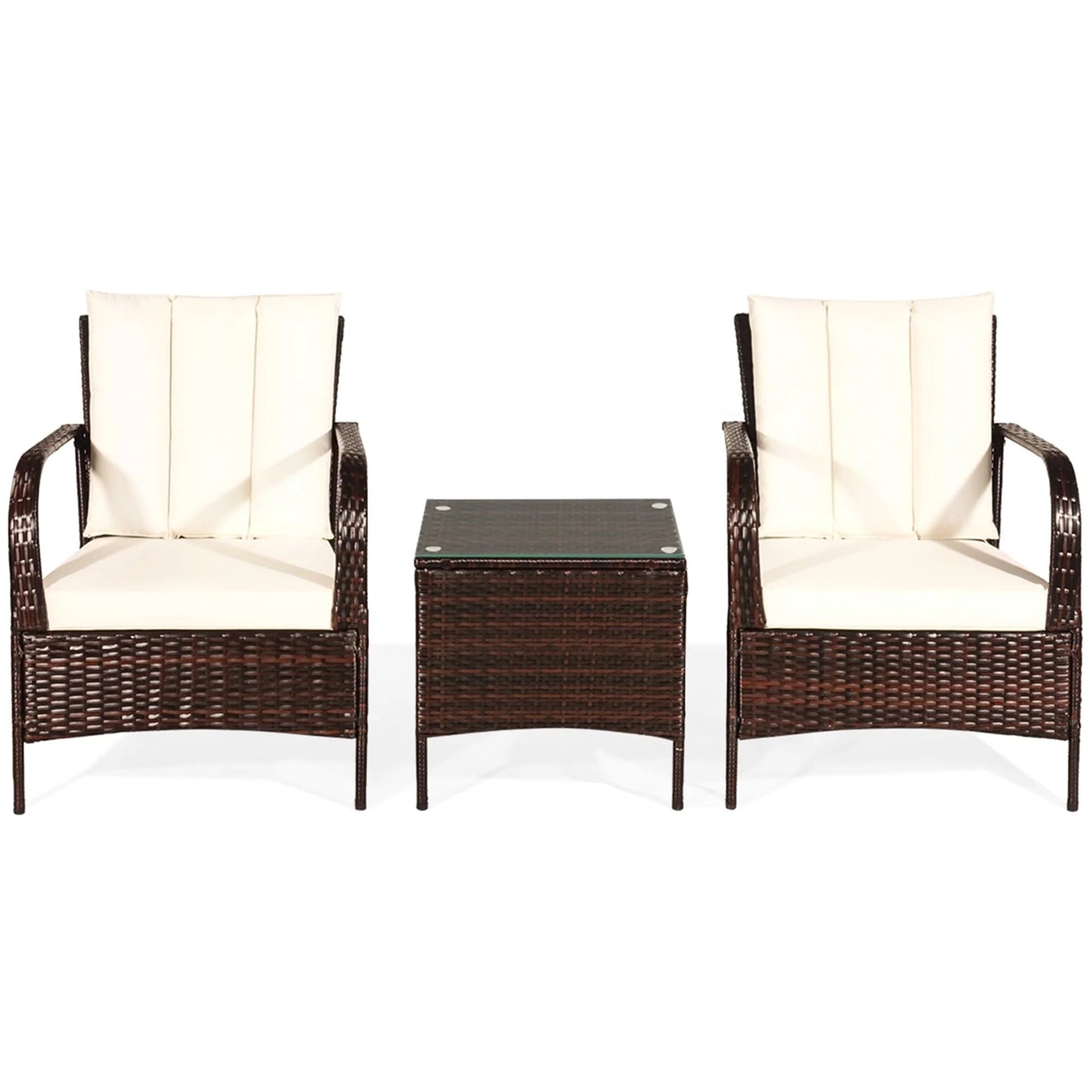 Gymax 3PCS Patio Outdoor Rattan Conversation Set Furniture Set w/Table Cushions