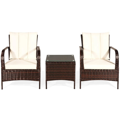 Gymax 3PCS Patio Outdoor Rattan Conversation Set Furniture Set w/Table Cushions