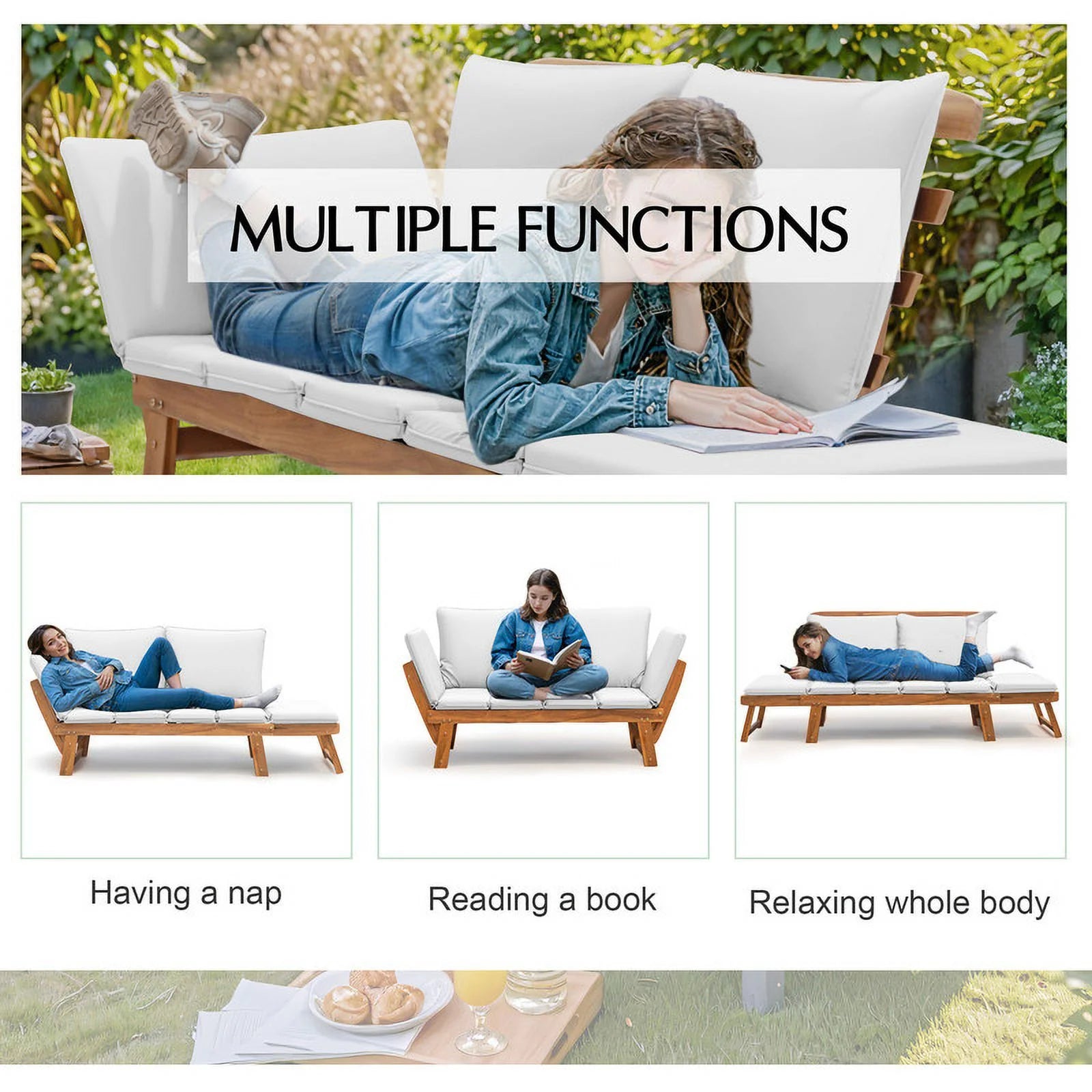 Homall Outdoor Sofa Patio Acacia Wood Daybed with Adjustable Armrests, Gray