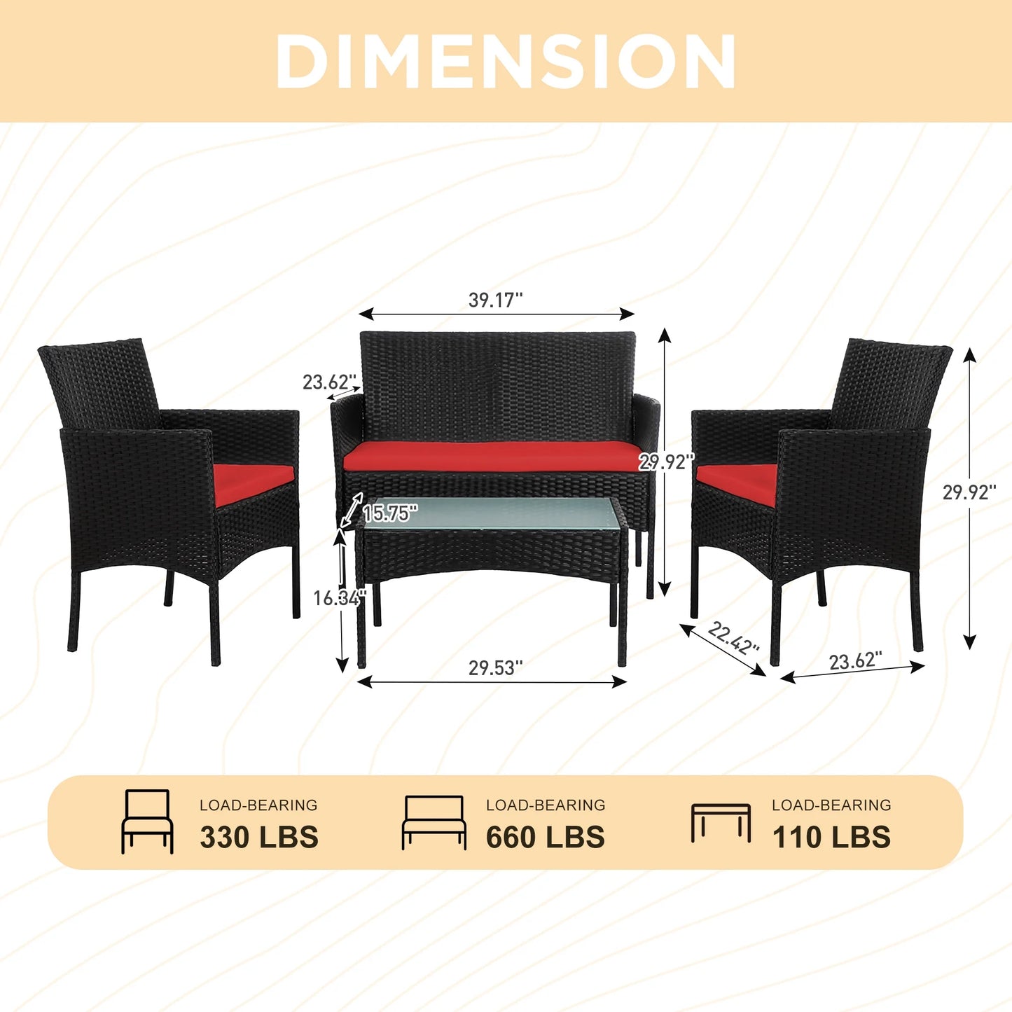 Tappio 4 Piece Patio Conversation Wicker Furniture Set, Porch Furniture Outdoor Sectional Furniture Set w/Coffee Table & Cushions Wicker Sofa Garden Conversation Set for Yard Pool Backyard,Black/Red