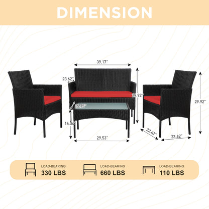 Tappio 4 Piece Patio Conversation Wicker Furniture Set, Porch Furniture Outdoor Sectional Furniture Set w/Coffee Table & Cushions Wicker Sofa Garden Conversation Set for Yard Pool Backyard,Black/Red