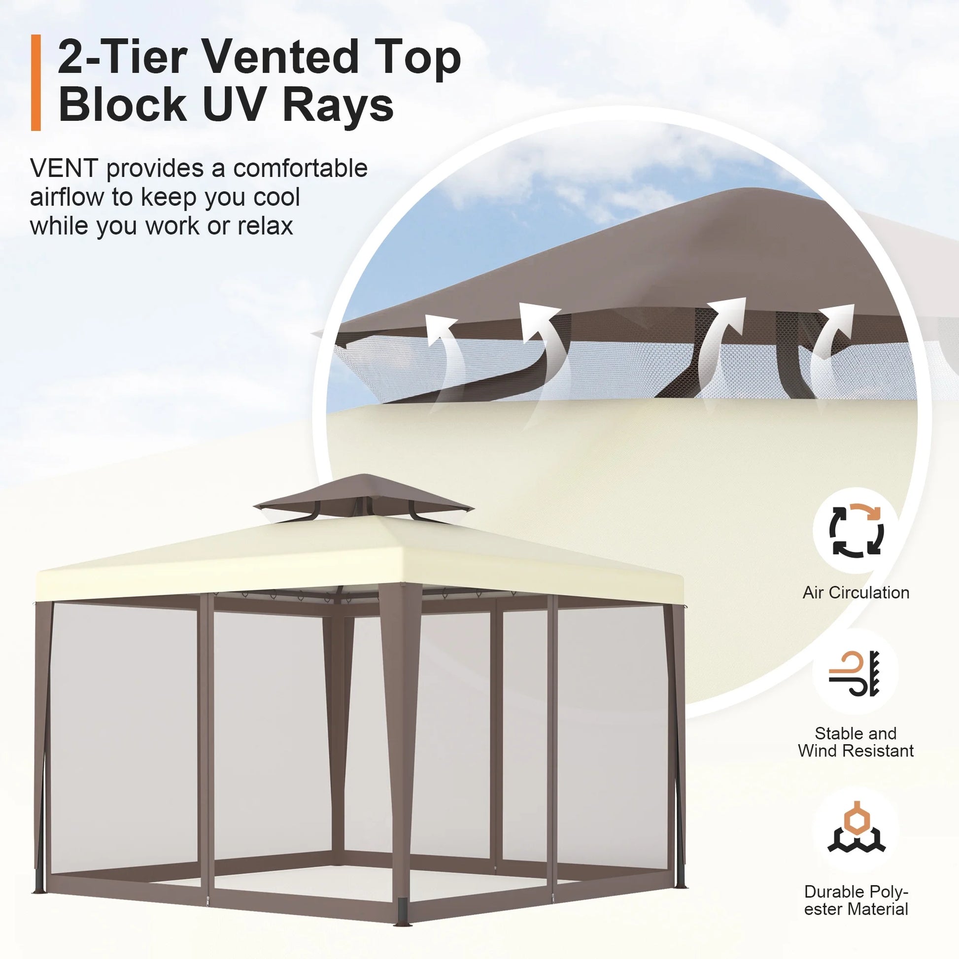 10'x10' Patio Gazebo Tent Outdoor Canopy Shelter w/Mosquito Netting & 2-Tiered Vented Top for Garden, Backyard Deck And Lawns