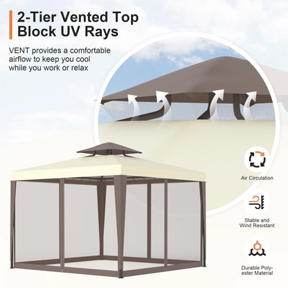 10'x10' Patio Gazebo Tent Outdoor Canopy Shelter w/Mosquito Netting & 2-Tiered Vented Top for Garden, Backyard Deck And Lawns