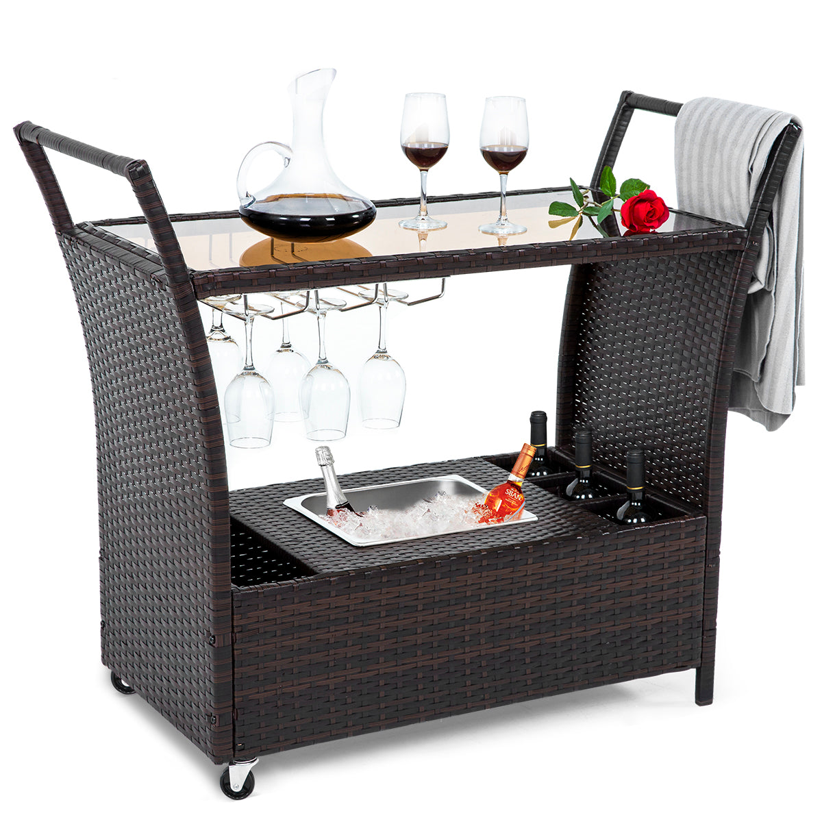 FHFO Outdoor Patio Wicker Bar, Rattan Counter Table with 2 Storage Shelves, 2 Steel Shelves for Backyard, Poolside, Garden