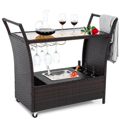 FHFO Outdoor Patio Wicker Bar, Rattan Counter Table with 2 Storage Shelves, 2 Steel Shelves for Backyard, Poolside, Garden