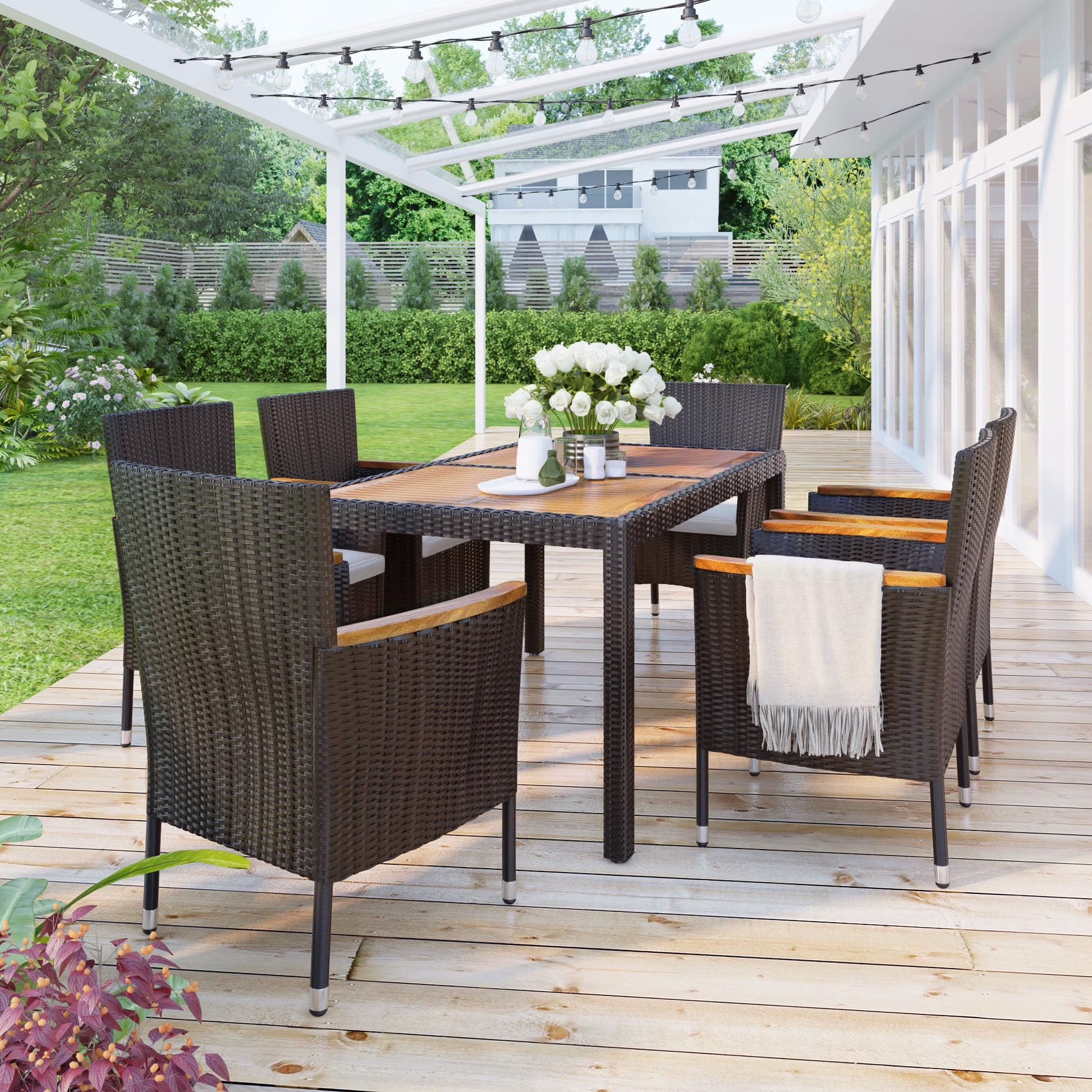 Patio Dining Set, 7PCS Outdoor Plastic-Wood Table & Textilene Chairs Set, Outdoor Furniture Dining Table Set, Garden Porch Backyard Poolside Sectional Conversation Set