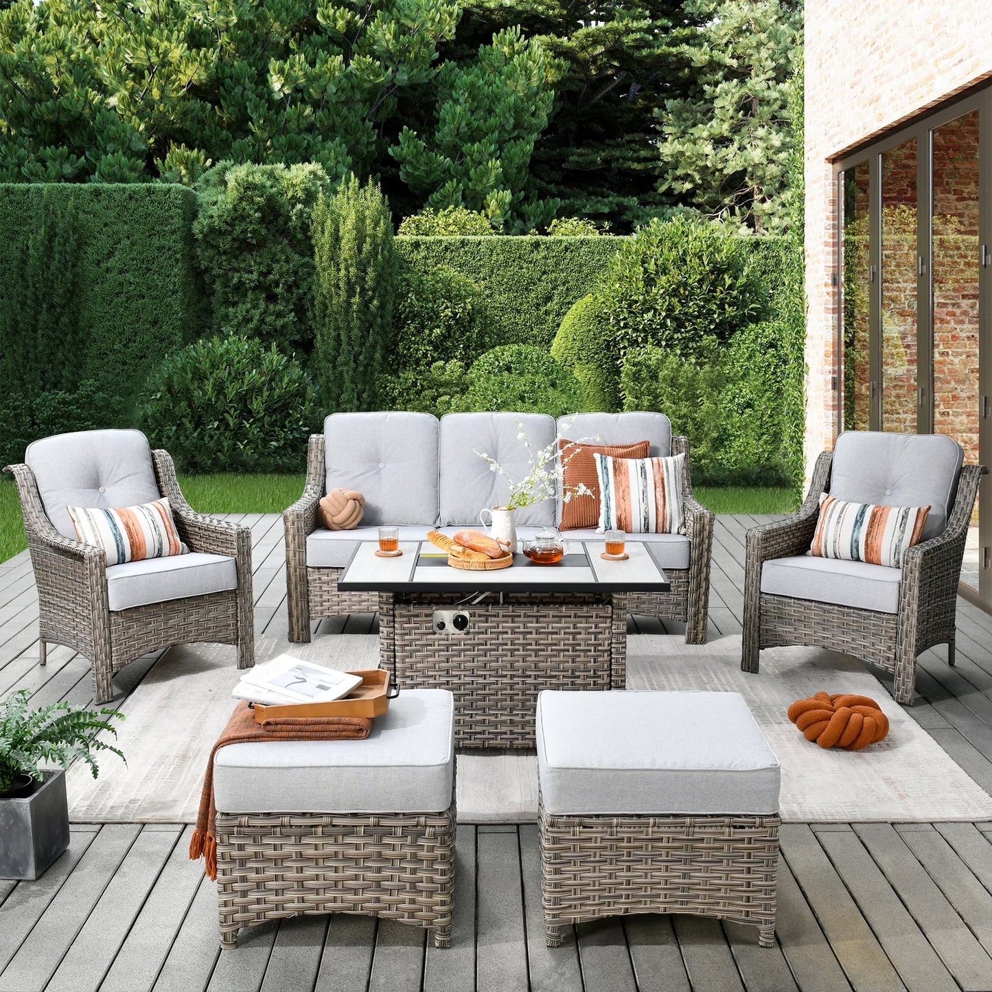 Vcatnet 6 Pieces Outdoor Patio Furniture All Weather Wicker High-Back Conversation Set with Fire Pit Table and Ottoman,Diamond Blue