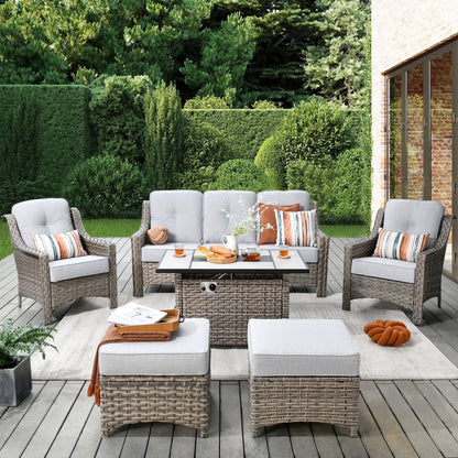 Vcatnet 6 Pieces Outdoor Patio Furniture All Weather Wicker High-Back Conversation Set with Fire Pit Table and Ottoman,Diamond Blue