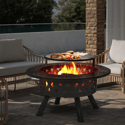 Magshion 38" 2 in 1 Fire Pit with Cooking Grate, Outdoor Wood Burning Firepit with Spark Screen & Poker for Backyard Patio BBQ, Black