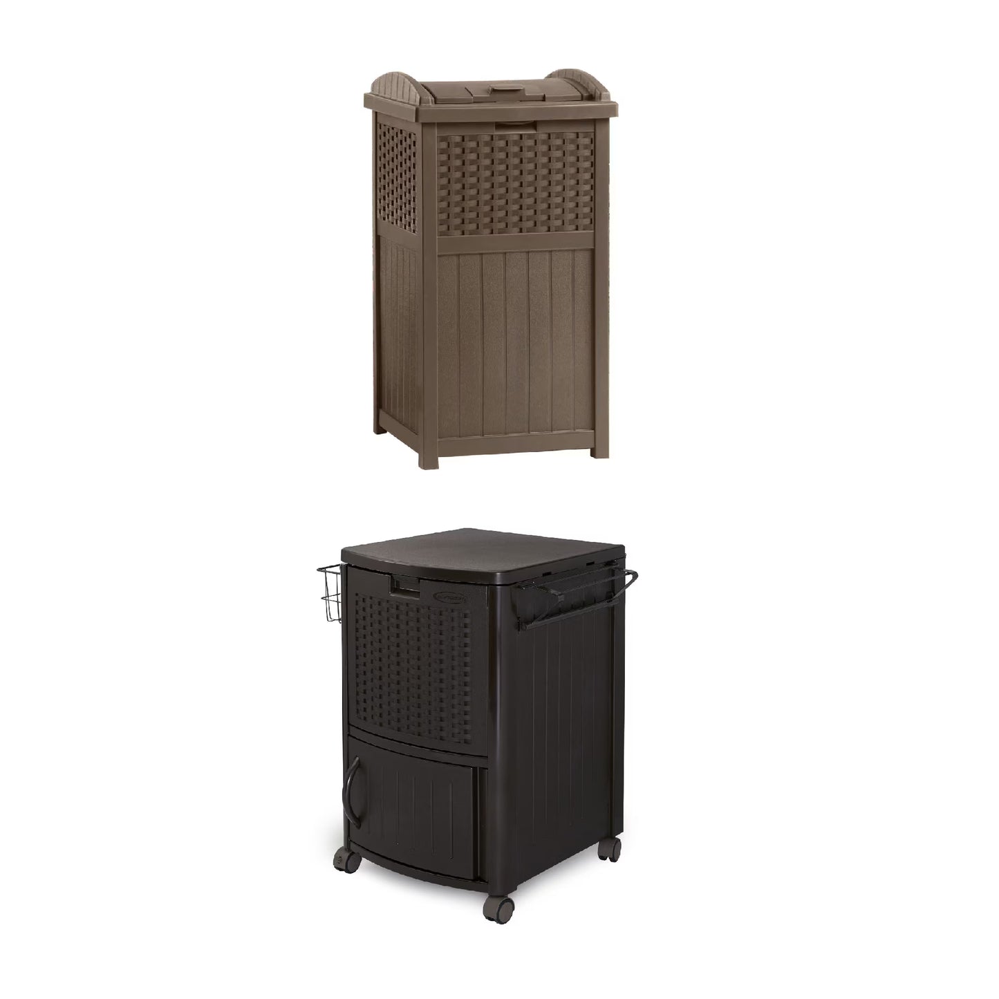 Suncast 77 Quart Patio Cooler w/Cabinet and Basket w/Wicker Trash Hideaway