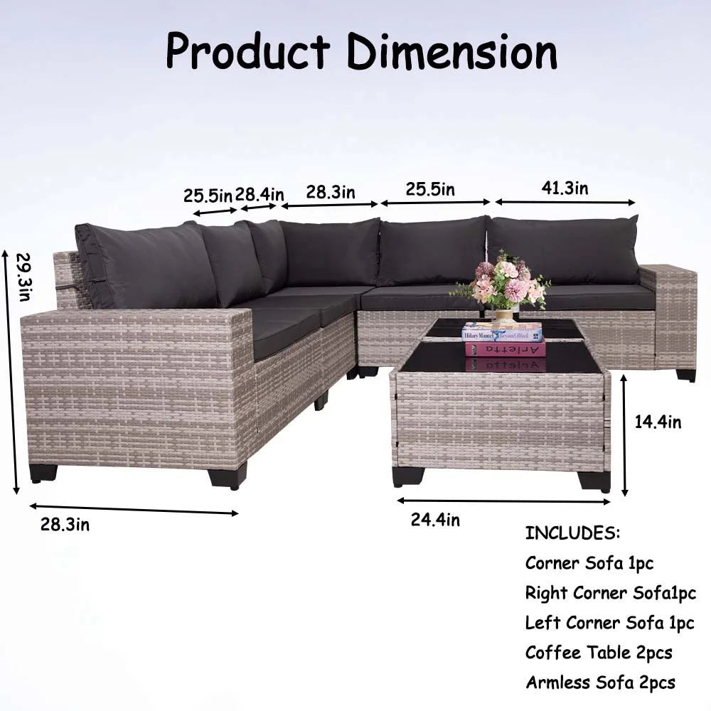 HISUKOY 7-Piece Modular Outdoor Sectional Wicker Patio Conversation Set,Outdoor Couch,All Weather Patio Conversation Sets with Washable Cushions and Glass Table, Rattan Wicker Couch for Garden