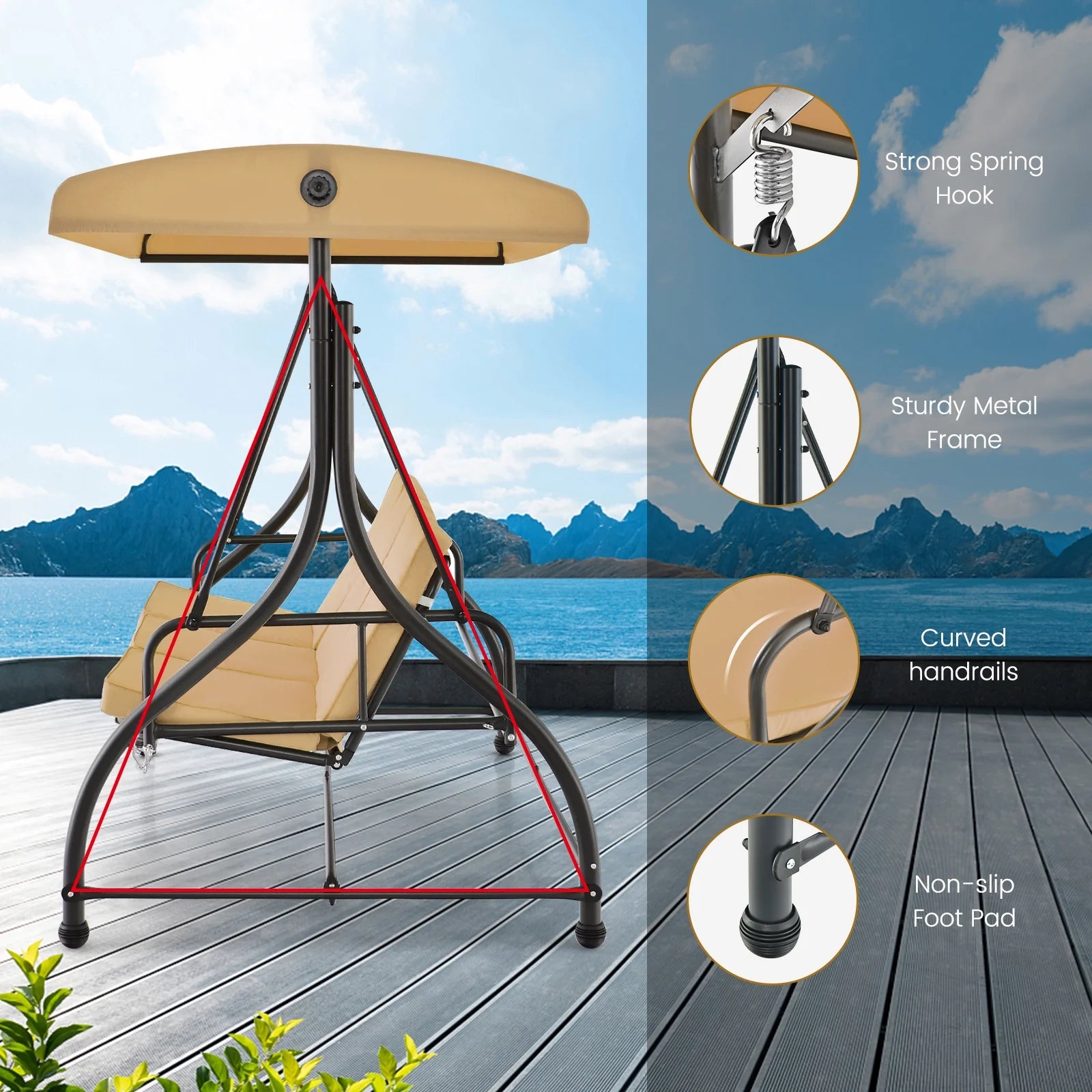 Costway Converting Outdoor Swing Canopy Hammock 3 Seats Patio Deck Furniture beige