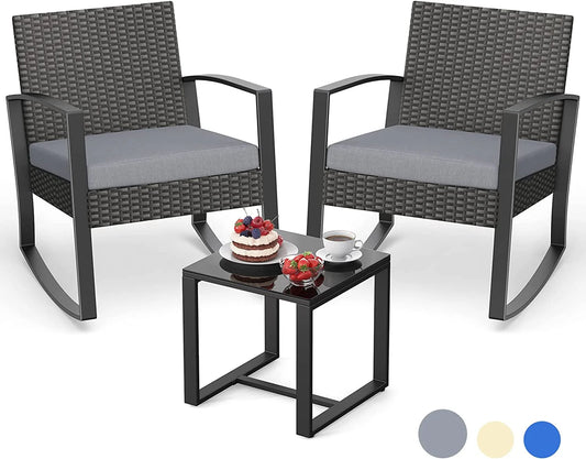 Lofka 3-Piece Patio Wicker Chairs Set with a Coffee Table, Balcony Furniture for Yard, Patio, Garden and Bistro, Gray Cushion