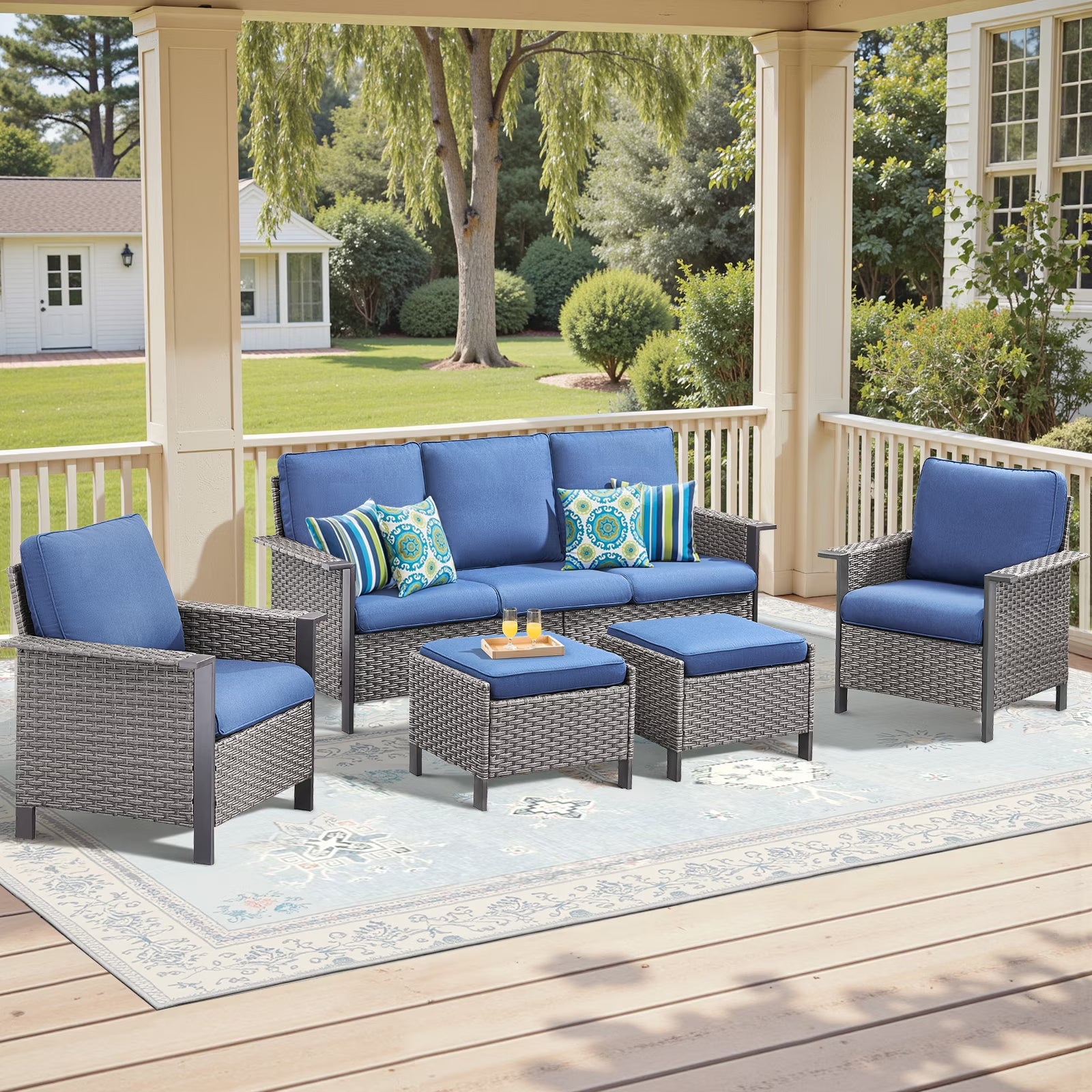 Opohoro 5-Piece Outdoor Conversation Set with Wide Armrest Patio Sofa, Ottomans and Swivel Rocking Chairs for Porch Garden