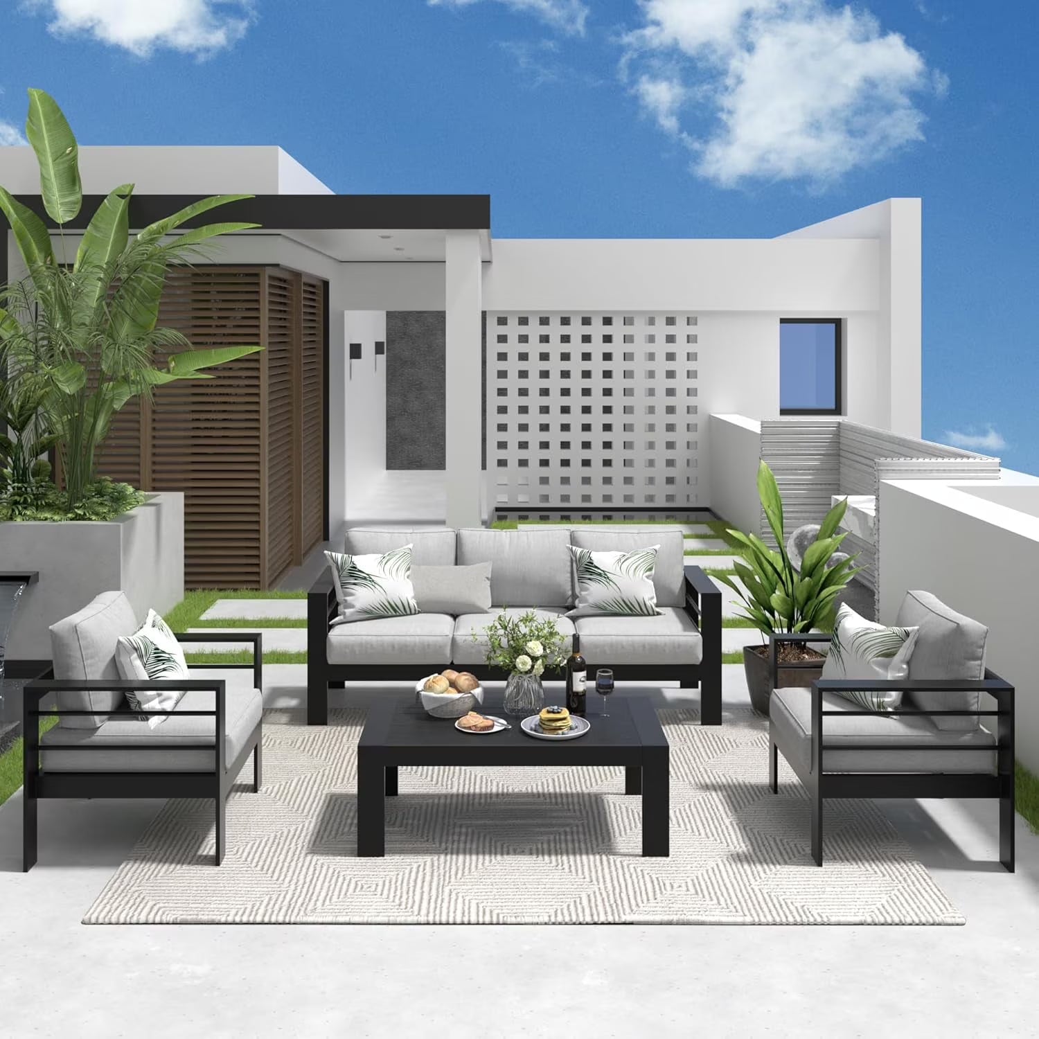 Superjoe Aluminum Outdoor Furniture Set 4 Pcs Patio Conversation Sofa Set with Coffee Table,Gray