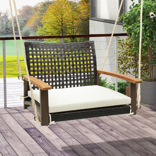 Gymax Rattan Porch Swing Patio Wicker Single Hanging Seat w/Seat Cushion & Acacia Wood Armrests
