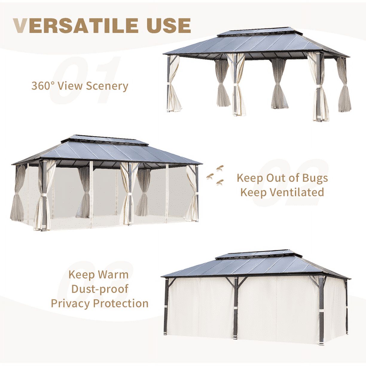 Mellcom 12x20FT Hardtop Gazebo with Aluminum Composite Double Roof for Patio Lawn and Garden