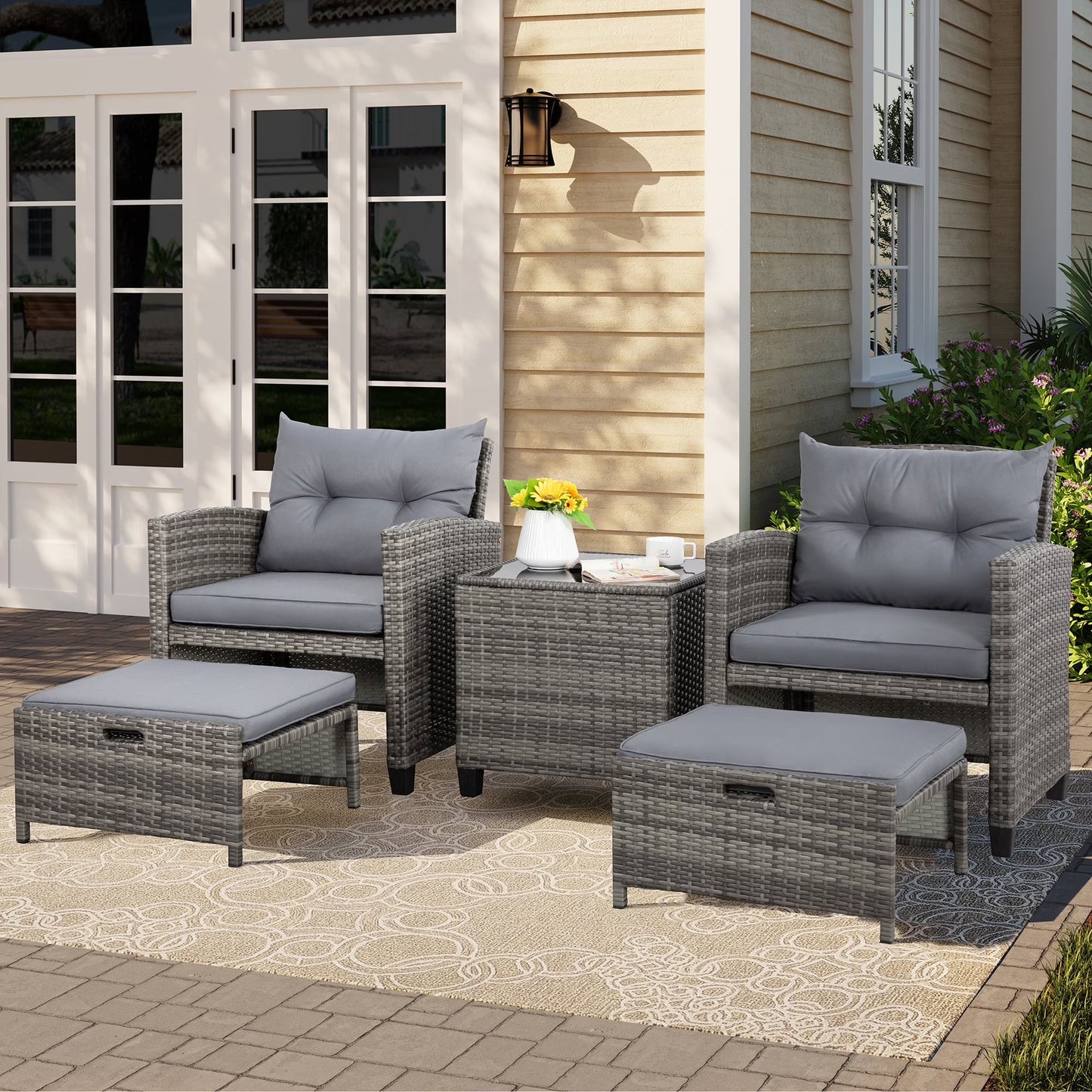 Sobaniilo 5 Piece Patio Furniture Set,Outdoor PE Wicker Patio Chair Two with Ottoman Underneath, Wicker Lounge Chair with Side Table, Beige