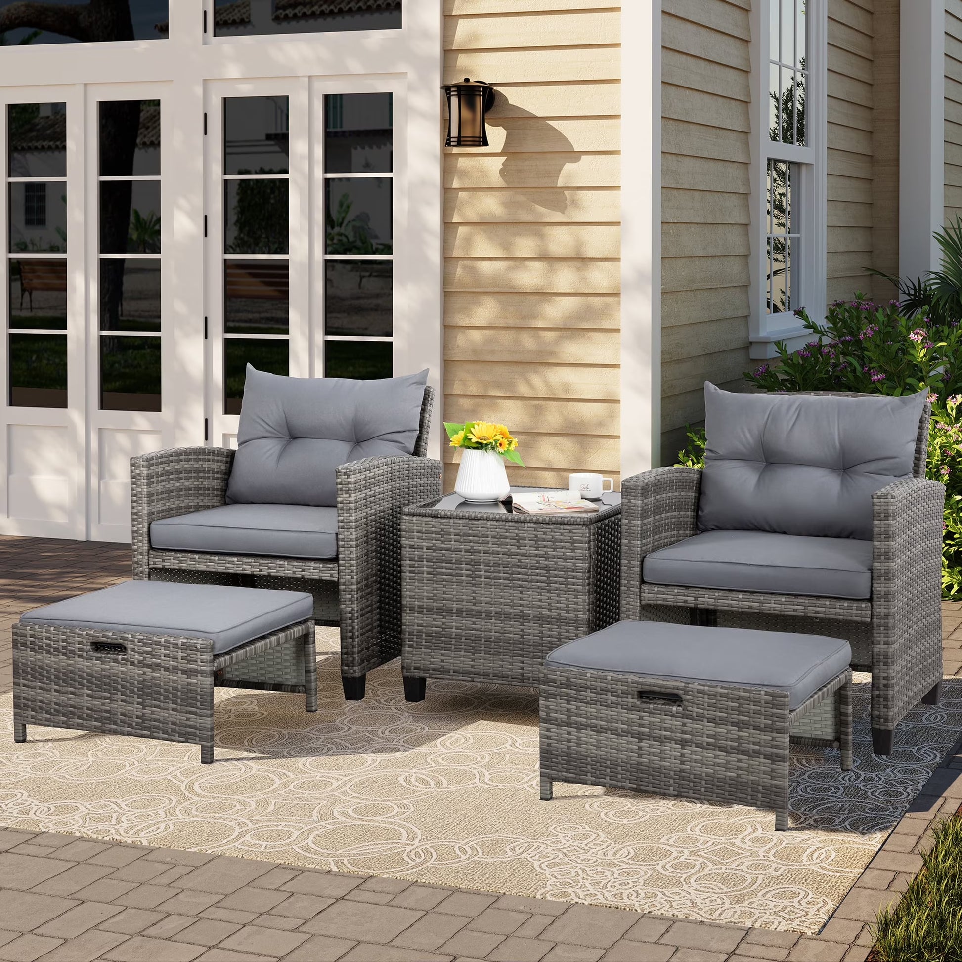 Sobaniilo 5 Piece Patio Furniture Set,Outdoor PE Wicker Patio Chair Two with Ottoman Underneath, Wicker Lounge Chair with Side Table, Beige