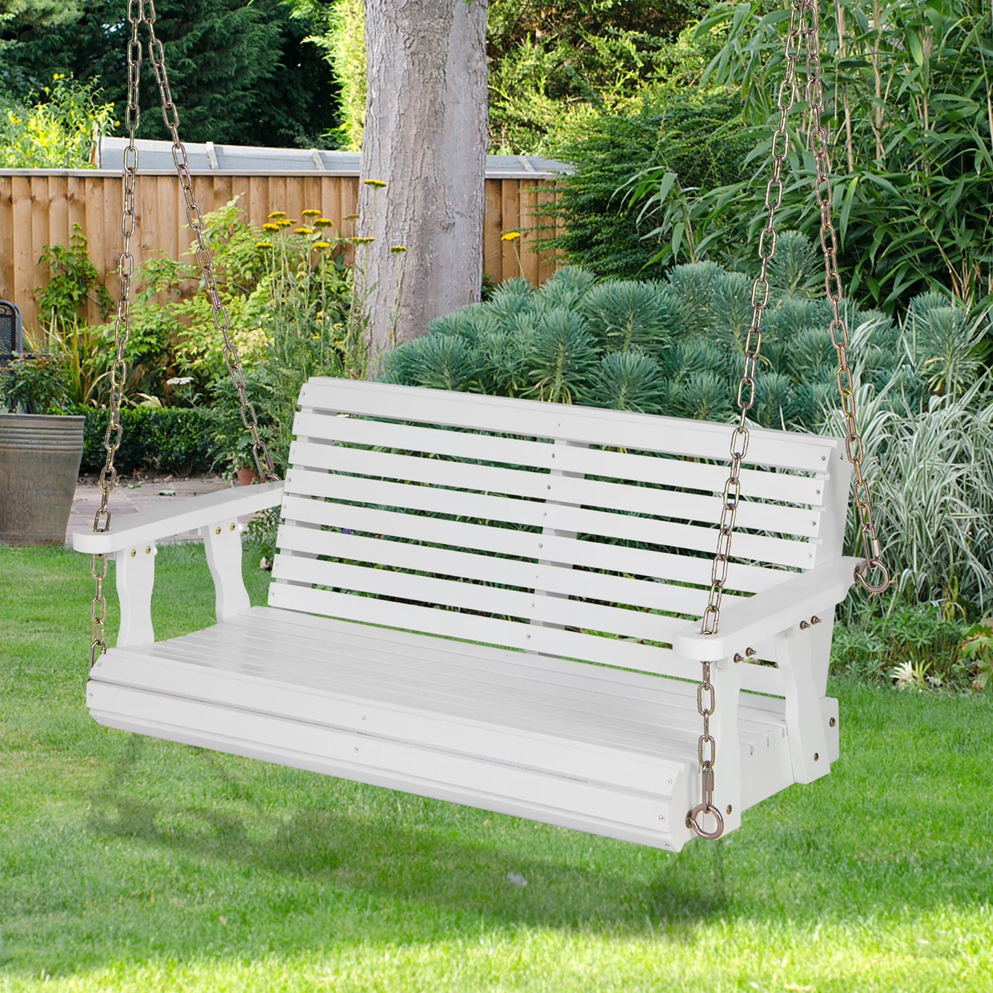 Costway Porch Swing Wood Outdoor Patio Hanging Bench Chair for Garden Backyard orange