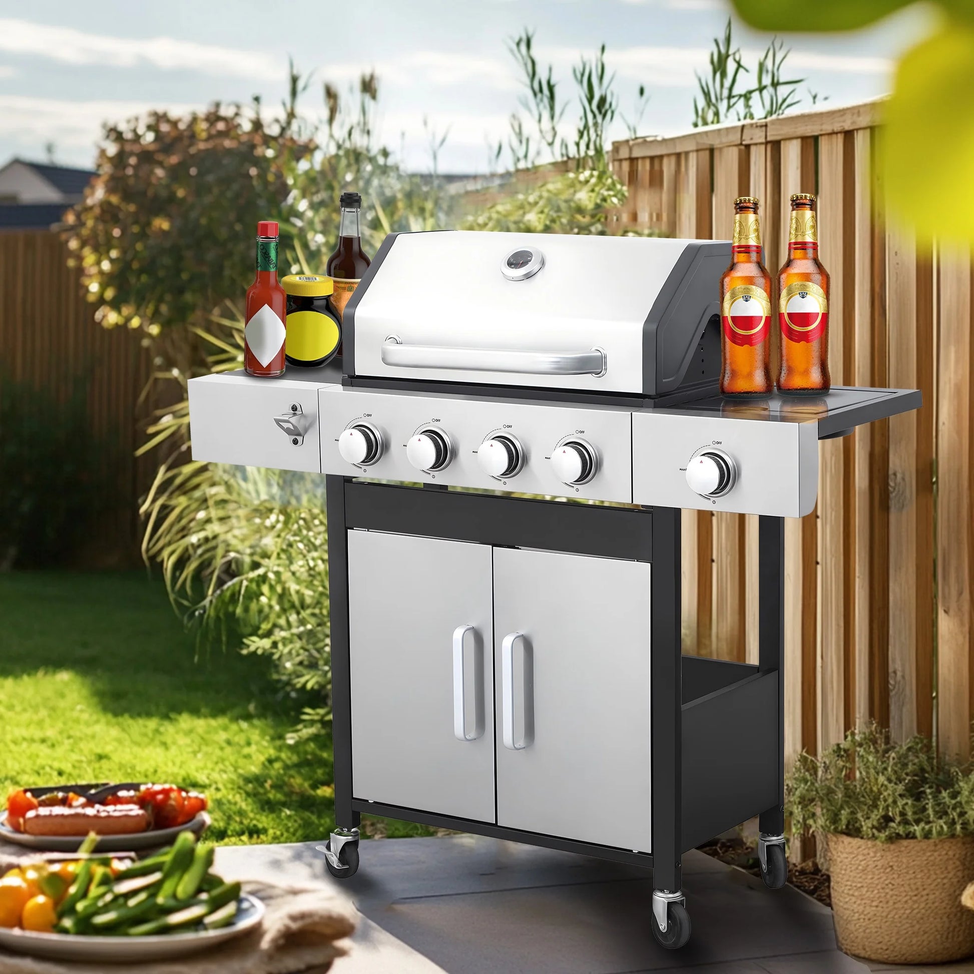 Seizeen 4 Burner Outdoor BBQ Grill with Side Burner, 46,790BTU Propane Gas Grill Stainless Steel, 2-IN-1 Enameled Cast Iron Grid & Frying Plate, High Lid, for Patio and Garden Cooking