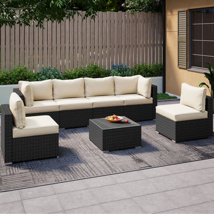 LAUSAINT HOME 7 Pieces Patio Conversation Set, Outdoor Sectional PE Rattan Wicker Furniture Seat (Beige)