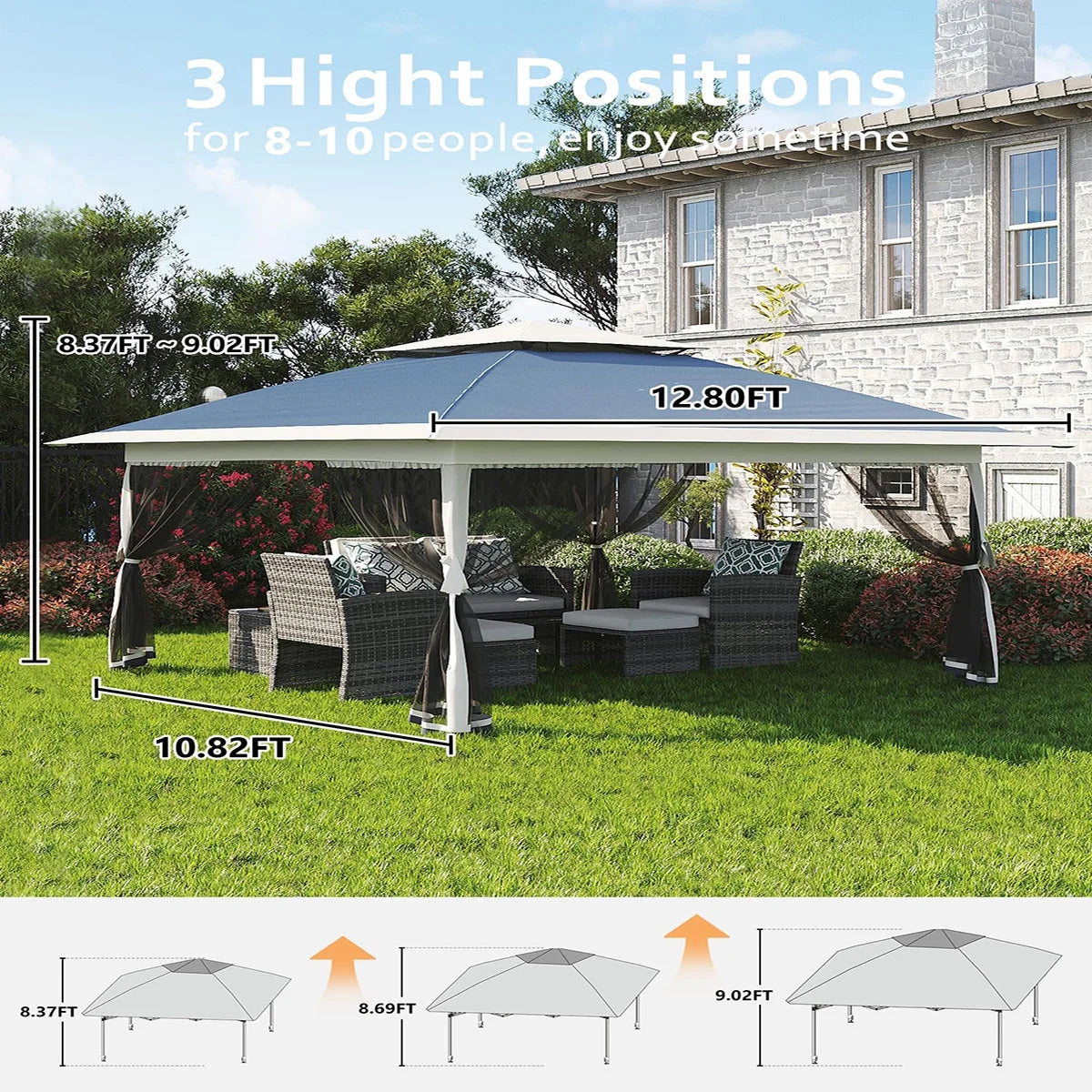 Ataucjin 13x13 Gazebo, Outdoor Canopy Tent with Mosquito Net, Height Adjustable Canopy Gazebo, Large Shade Tent for Camping, Lawn, Backyard, Garden, Patio
