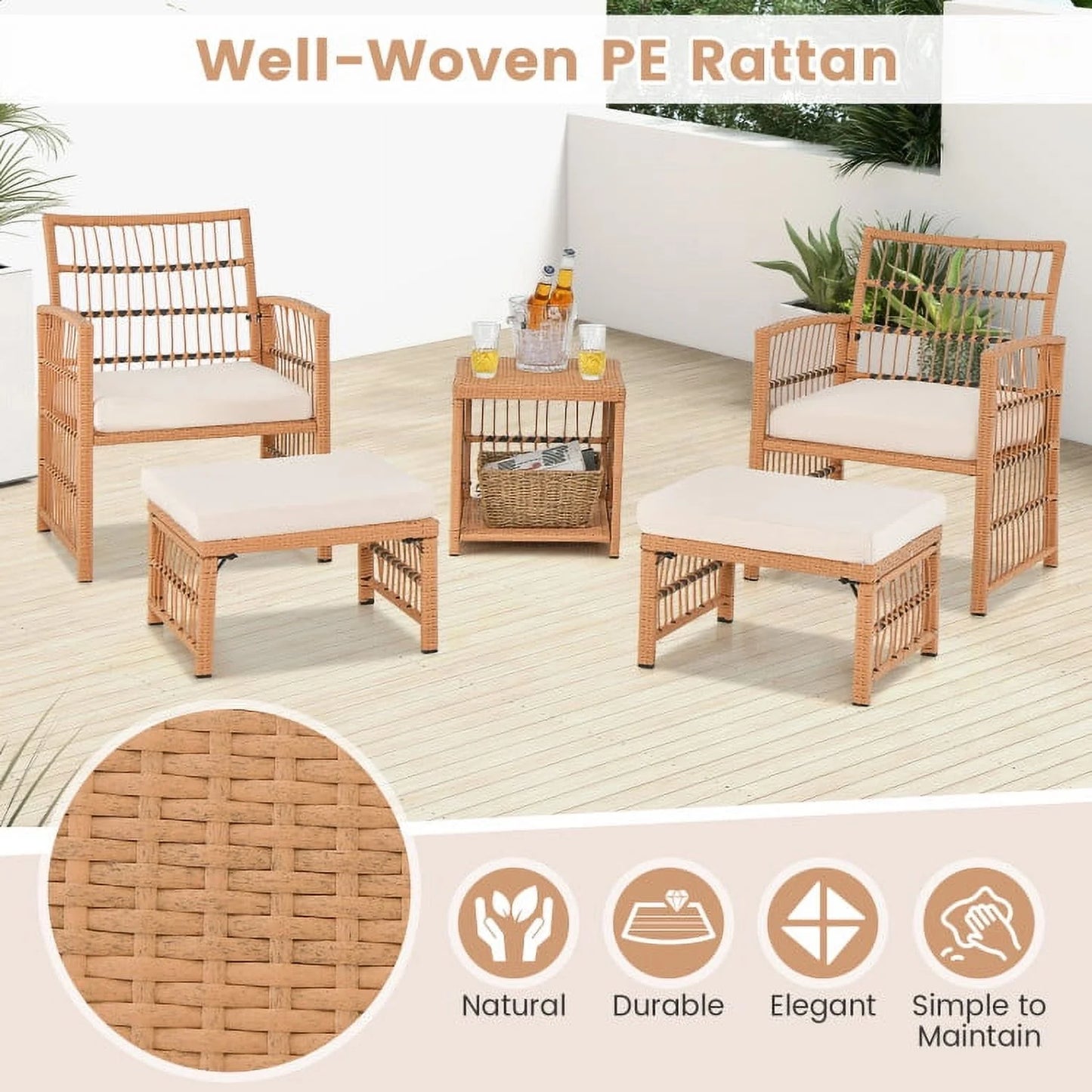 Resenkos 5 Piece Patio Wicker Sofa Set, Small Patio Conversation Furniture Set with Seat and Back Cushions-Natural