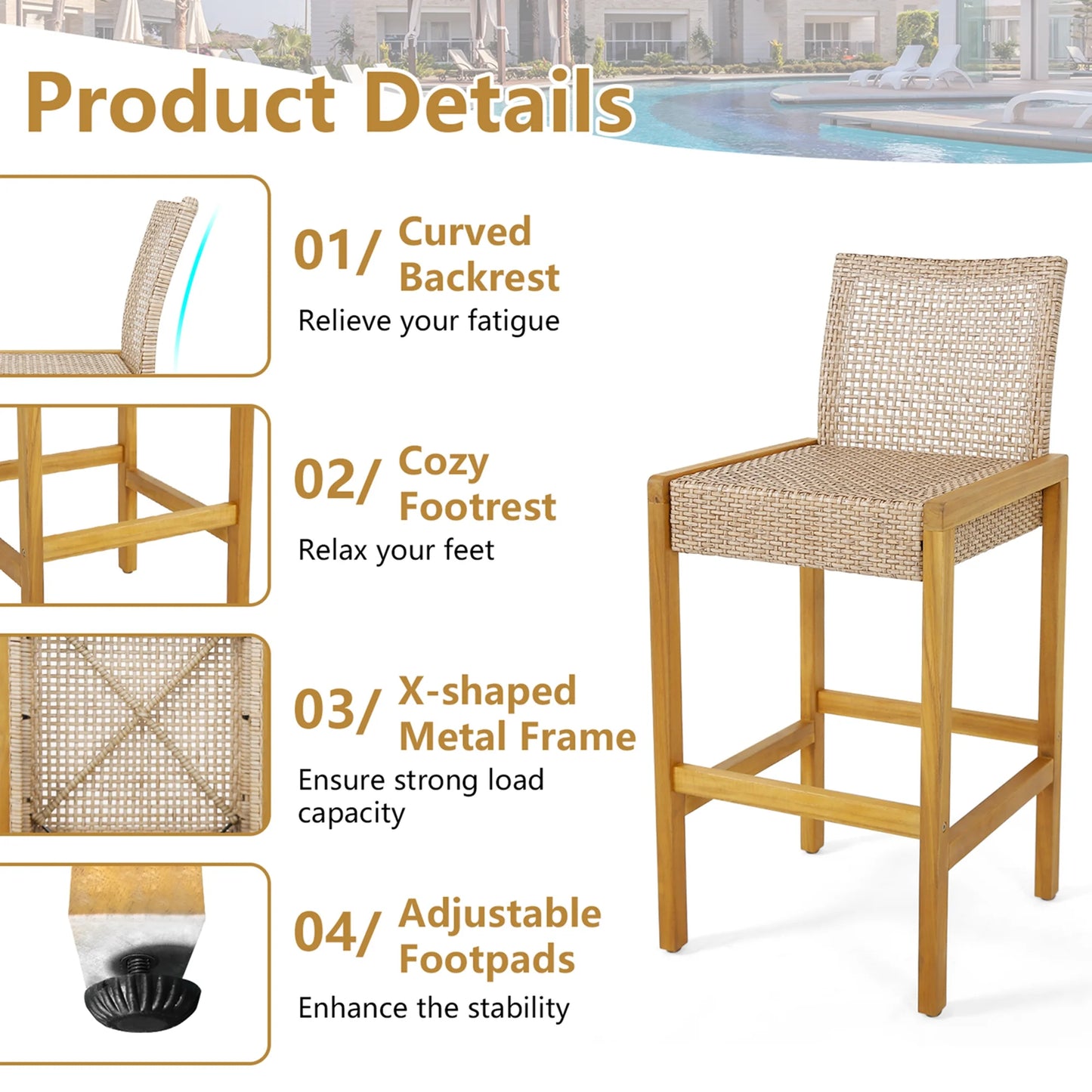 Costway Set of 2 Patio Wood Barstools Rattan Bar Height Chairs with Backrest Porch Balcony