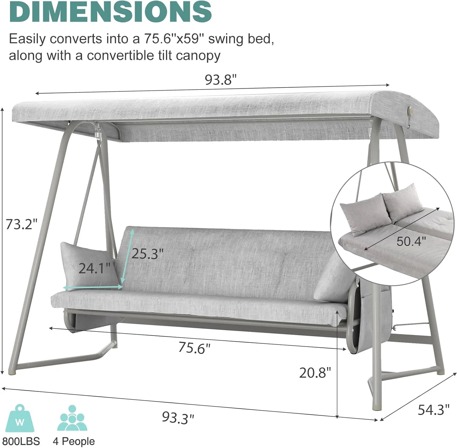 CHINNLUU Oversized 4 Person Porch Swing with Stand 800 LBS Capacity Adjustable Canopy Backrest Includes Cushions Pillows Patio 2 in 1 Swing Bed for Backyard Garden Poolside, Champagne