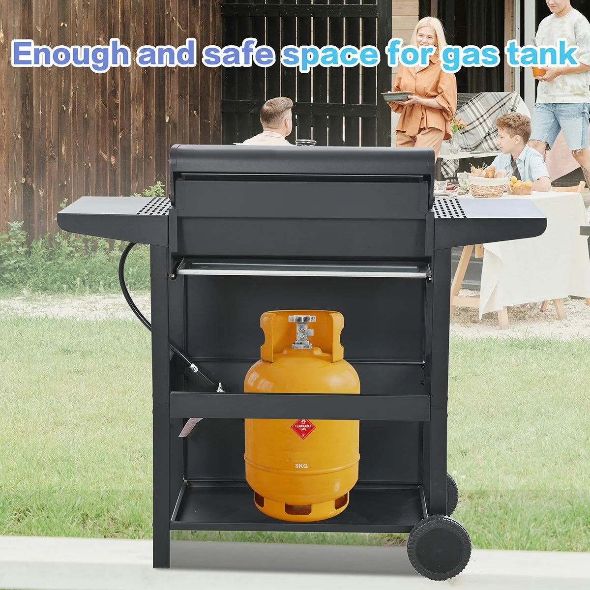 Propane Gas 4 Burner Barbecue Grill, Stainless Steel 34,000 BTU Patio Garden Barbecue Grill with Two Shelves, Lid, Wheels and Bottle Opener