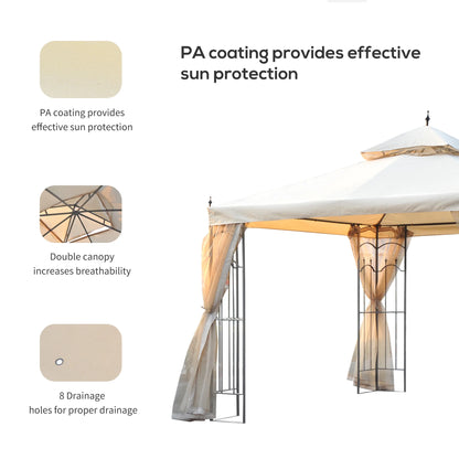 Outsunny 118" x 118" Steel Outdoor Patio Gazebo Canopy with Removable Mesh Curtains, Display Shelves, & Steel Frame, Cream White