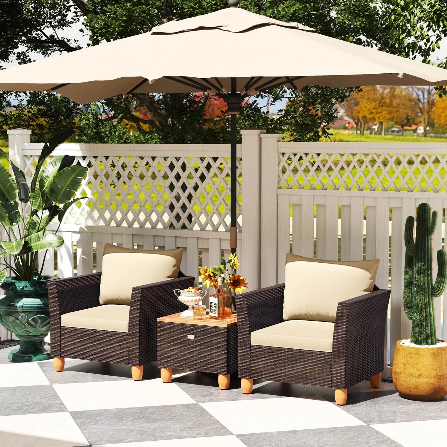 Costway 3PCS Patio Wicker Rattan Sofa Set Furniture Outdoor Acacia Wood Conversation Brown