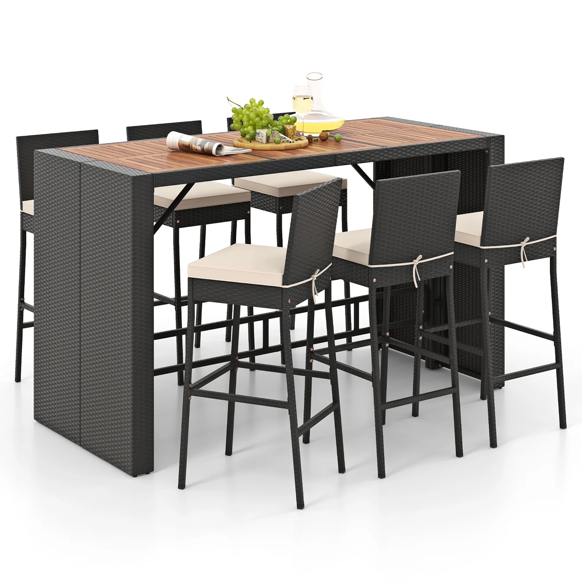 Gymax 7 Pieces Patio Bar Set w/Acacia Wood Tabletop & Removable Cushions Outdoor