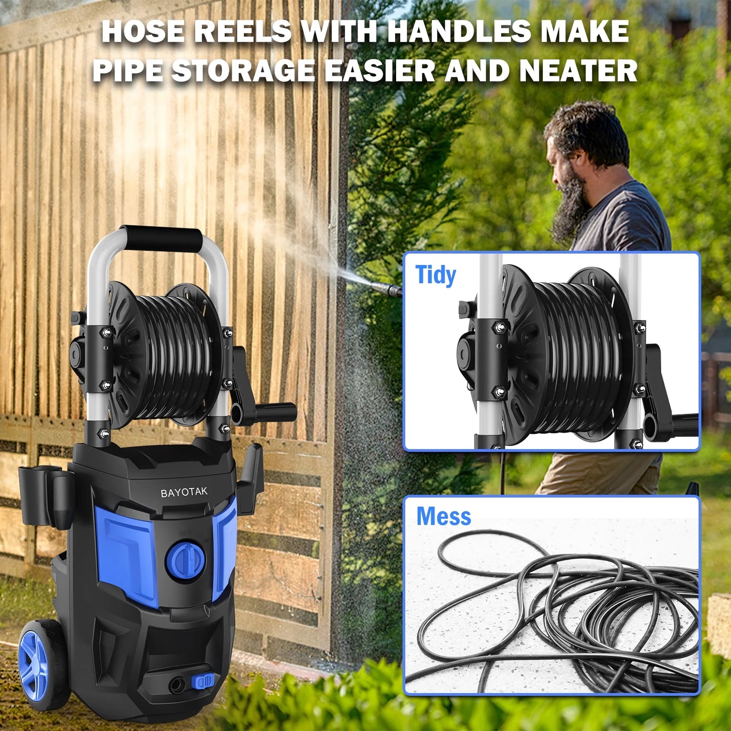 Electric Pressure Washer 5000 PSI 3.2 GPM - with 35 FT Power Cord, 20 FT Hose, 4 Connect Nozzles, Foam Cannon & Hose Reel | Ideal for Cars, Patios, Garages | Blue