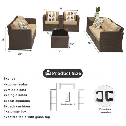 Superjoe 10 Pcs Patio Wicker Furniture Set Aluminum Frame Outdoor Sectional Conversation Sofa with Storage Box and Coffee Table,Beige