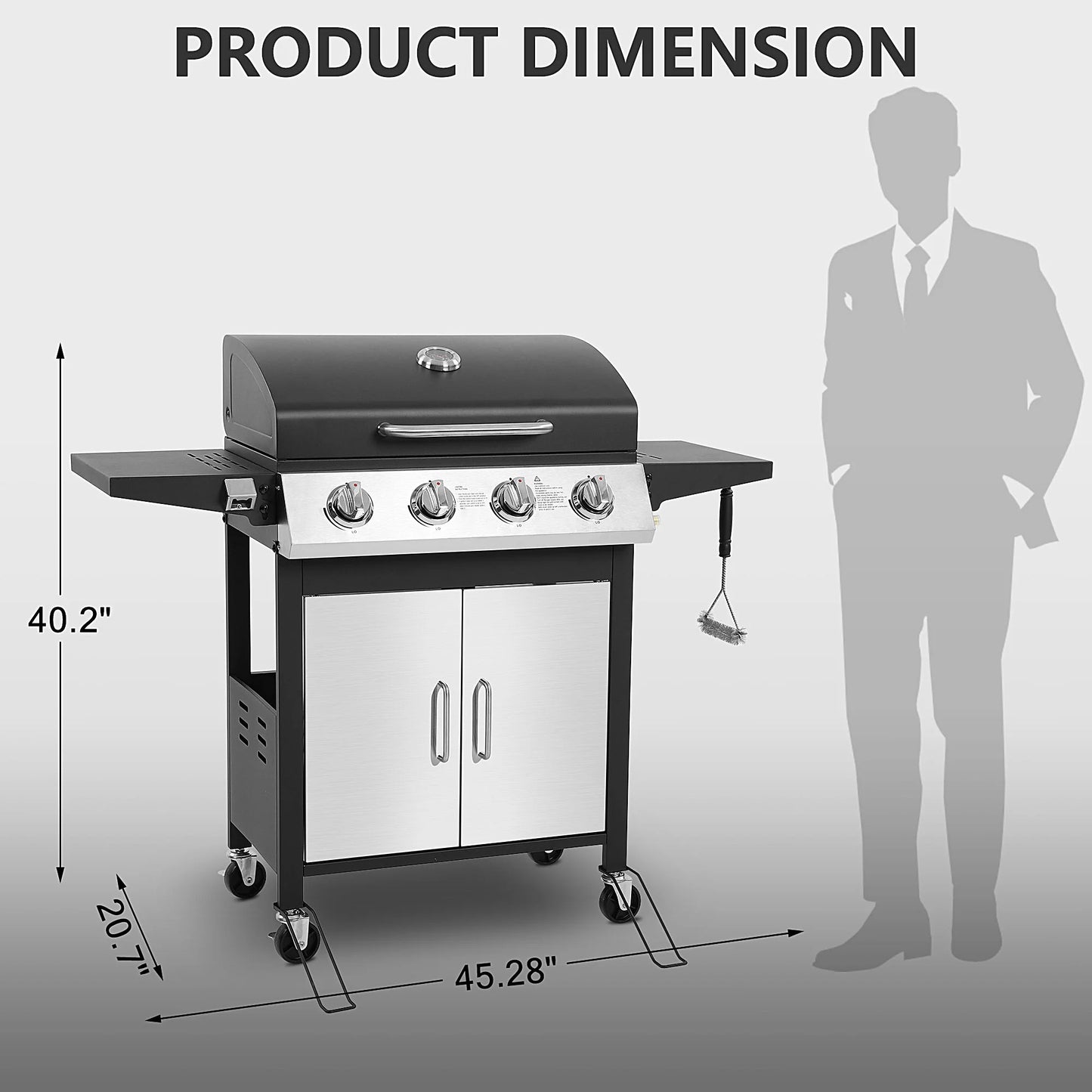40,000BTU Grill w/Brush, 4-Burner Propane Gas Grill Stainless Steel, Outdoor Camping BBQ Grill on Wheels Portable for Patio Poolside RV