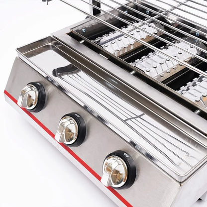 Outdoor Portable Gas Grill,3-Burner Outdoor BBQ Tabletop Cooker,Efficient Heating Gas Grill with Vertical Cooking Stainless Steel LPG Barbecue Perfect for Patio Garden Picnic Backyard Barbecue