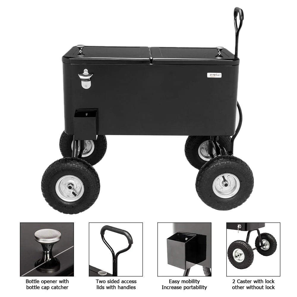 VINGLI 80 Quart Wagon Rolling Cooler Ice Chest, w/Long Handle and 10" Wheels, Portable Beach Patio Party Bar Cold Drink Beverage , Outdoor Park Cart on Wheels