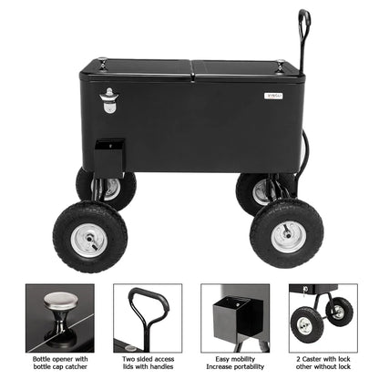 VINGLI 80 Quart Wagon Rolling Cooler Ice Chest, w/Long Handle and 10" Wheels, Portable Beach Patio Party Bar Cold Drink Beverage , Outdoor Park Cart on Wheels
