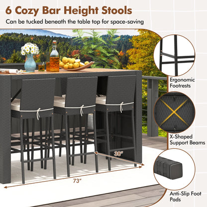 Gymax 7 Pieces Patio Bar Set w/Acacia Wood Tabletop & Removable Cushions Outdoor