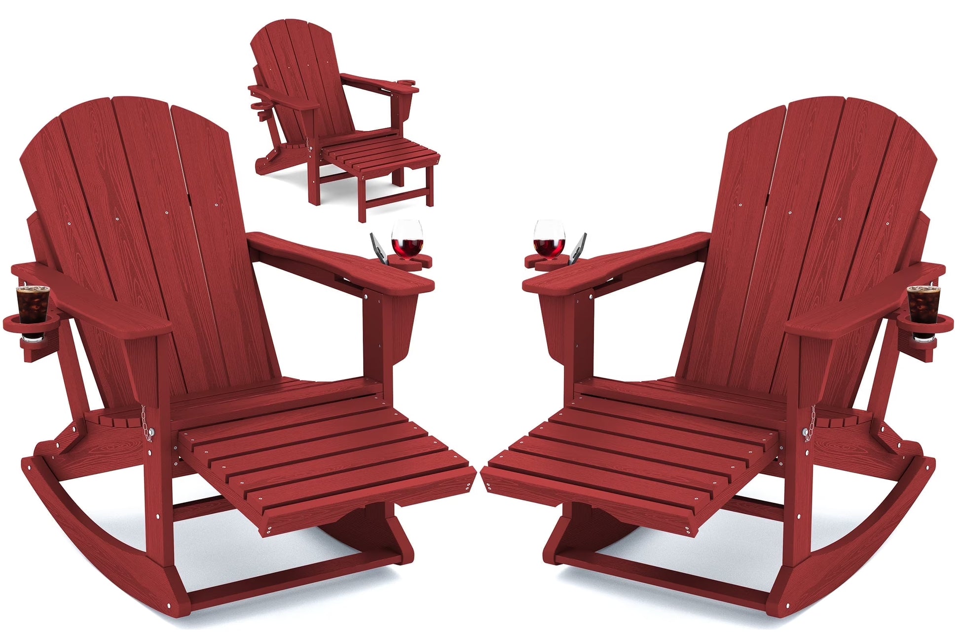 KINGYES Folding Adirondack Rocker Chair Set of 2 W/Footrest & Dual Cup Holders, HDPE Outdoor Patio Rocking Chair, Black