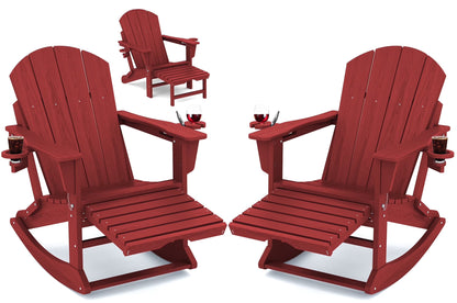 KINGYES Folding Adirondack Rocker Chair Set of 2 W/Footrest & Dual Cup Holders, HDPE Outdoor Patio Rocking Chair, Black