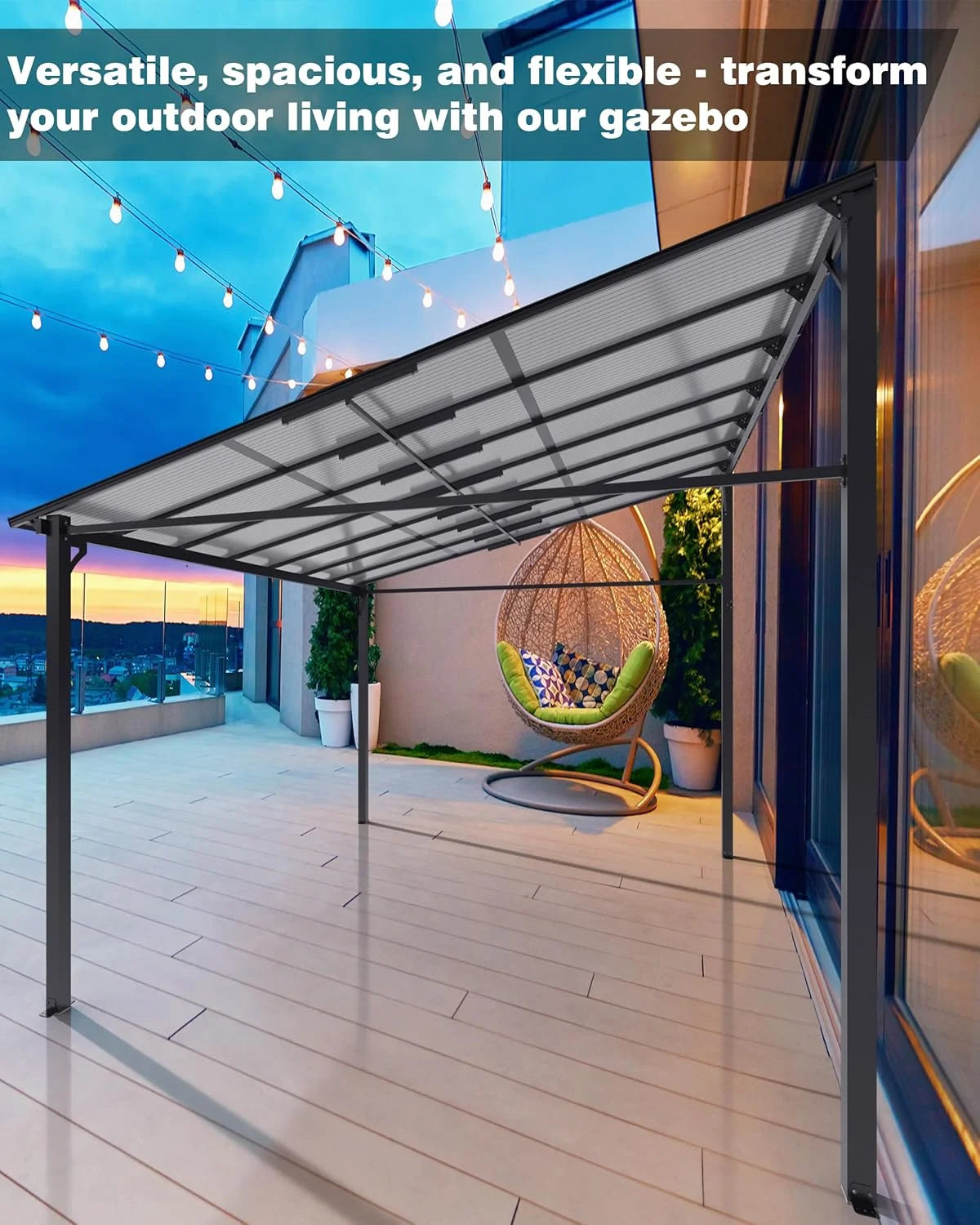 Pinypikaka 10'x12' Outdoor Hardtop Gazebo, Lean-to Pergola With Roof for Lawn Patio Deck Yard Party