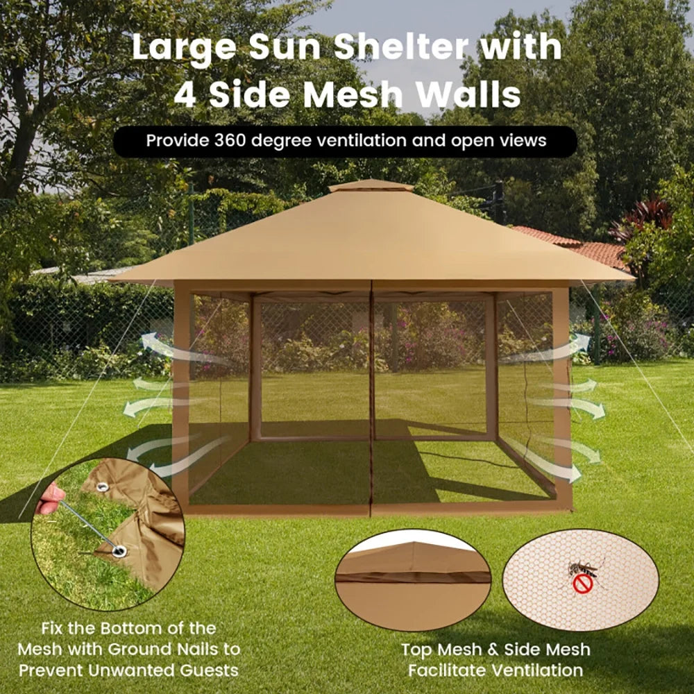 Yardi Yard 13 x 13 Feet Pop-up Instant Canopy Tent with Mesh Sidewall-Coffee, Roof Hardtop Galvanized Steel Top Canopy, Patio Heavy Duty Gazebo for Deck, Backyard